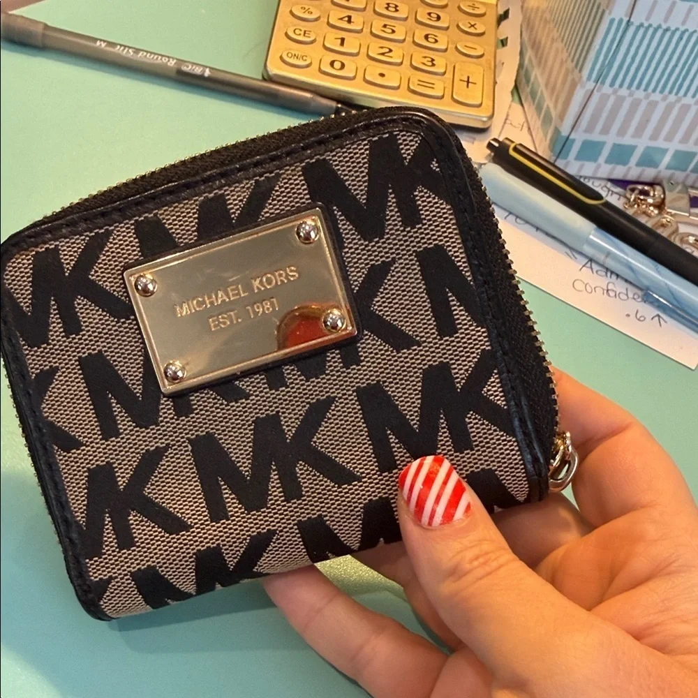 Michael Kors Black and Brown Logo Wallet MK small card coin purse designer